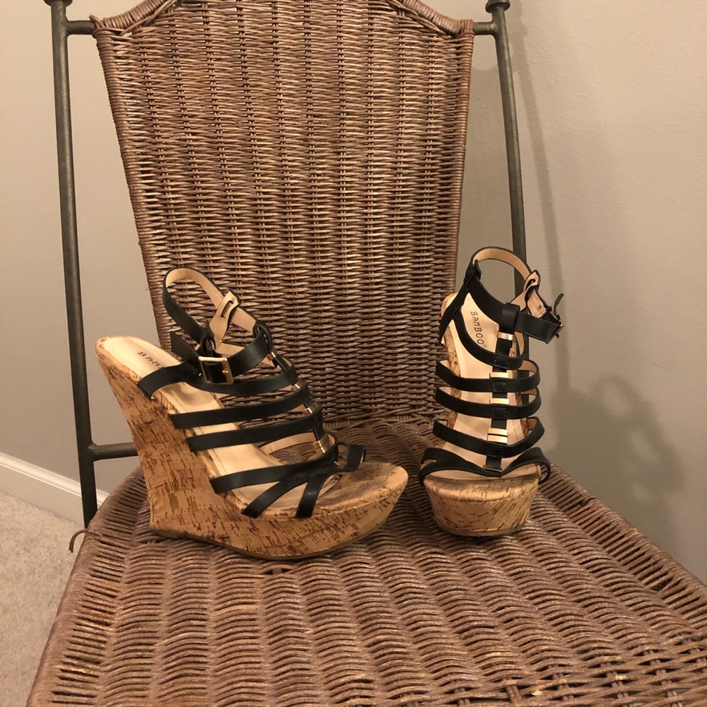 Bamboo Black/Cork Caged Platform Wedges